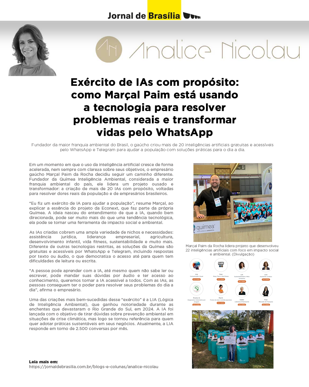 Confira a matéria do jornal de Brasília que fala sobre Inteligência Artificial com propósito, conceito trabalho no Econext IA.